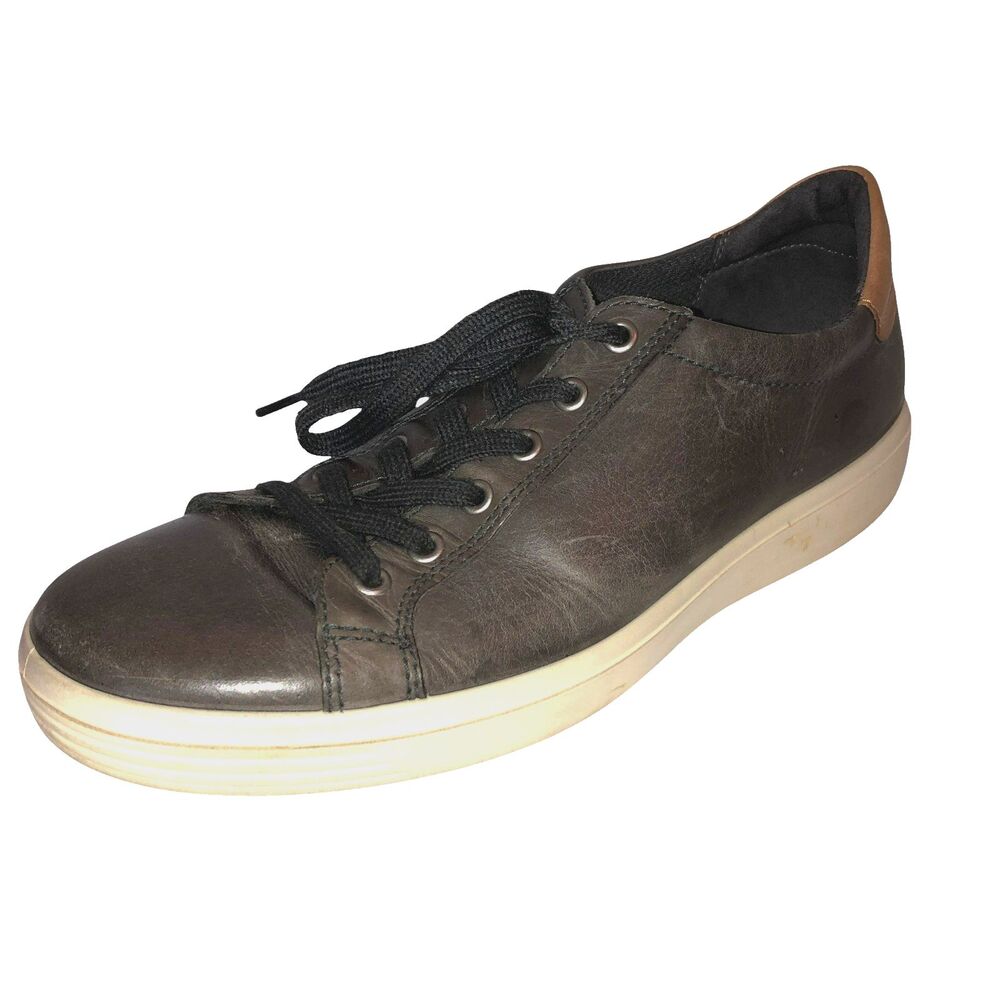 Ecco Soft 7 Mens Sz 8 8.5 EU 42 Leather Taupe Gray Sneaker Shoes Low Top Casual
